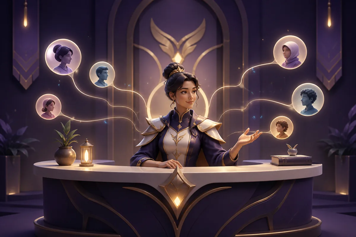 An agentic mercenary concierge welcoming visitors at a purple and gold frontdesk